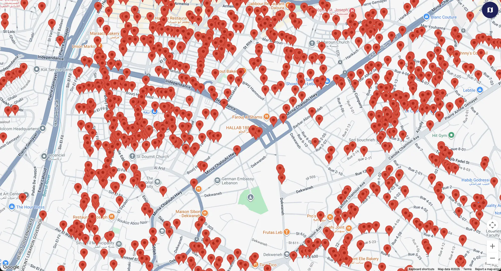 Trade Map street map with mapped outlets in Sin El Fil, Bourj Hammoud and Dekwaneh